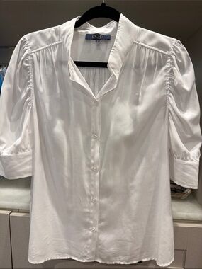 Rachel White Button-Front Puff Sleeve Blouse